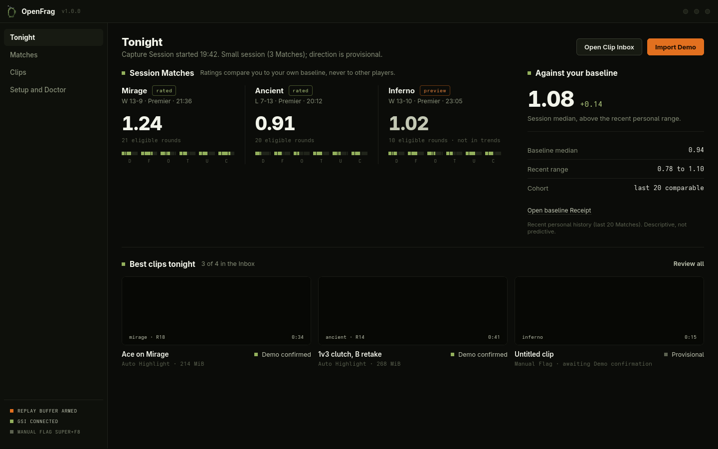 OpenFrag Tonight view showing locally captured match activity